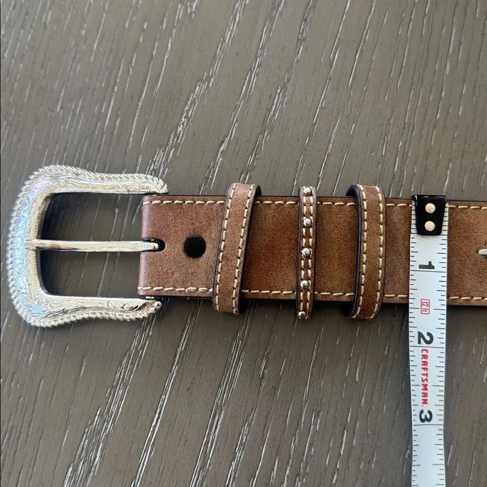 Western Tan Leather Belt with Silver-Tone Buckle Embroidered Women’s Size L EUC